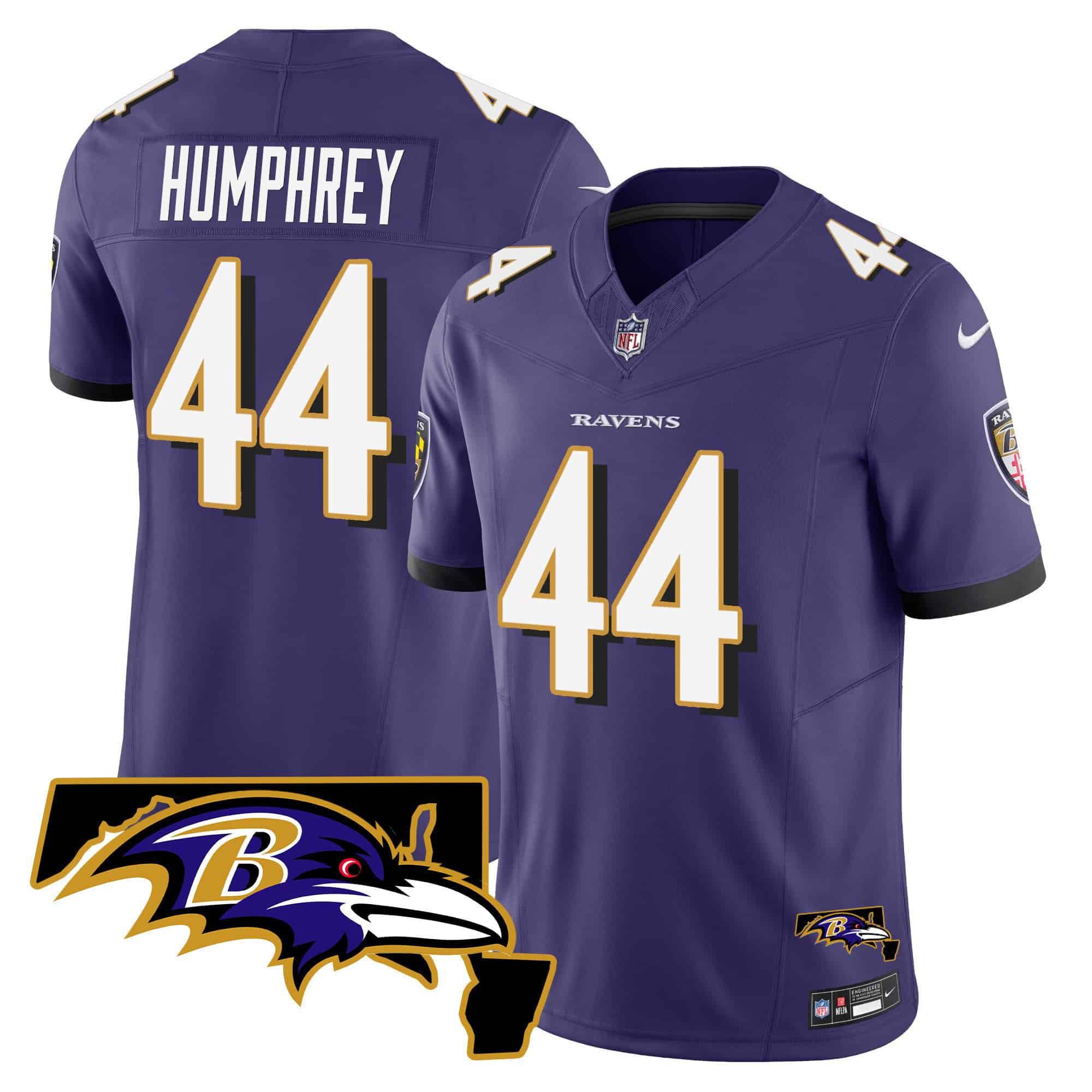 Men Baltimore Ravens #44 Humphrey Purple 2024 Nike Maryland Patch Vapor Limited NFL Jersey style 1